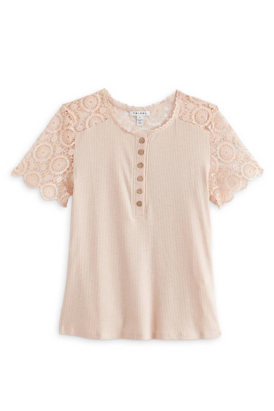NEW TRIBAL women's juniper short sleeve henley knit top in seashell